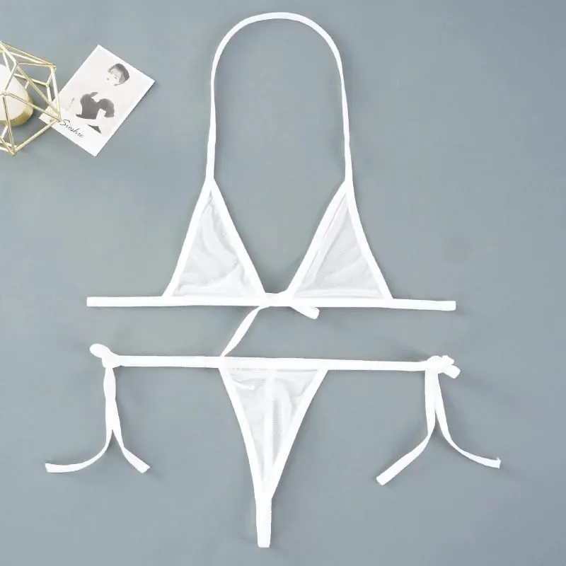 Sexy Mini Bra Sets Wirefree Ultra-thin Mesh Unlined Bra Brief Set Black Transparent 2 Pieces Halter Women's Exotic Lingerie Sets