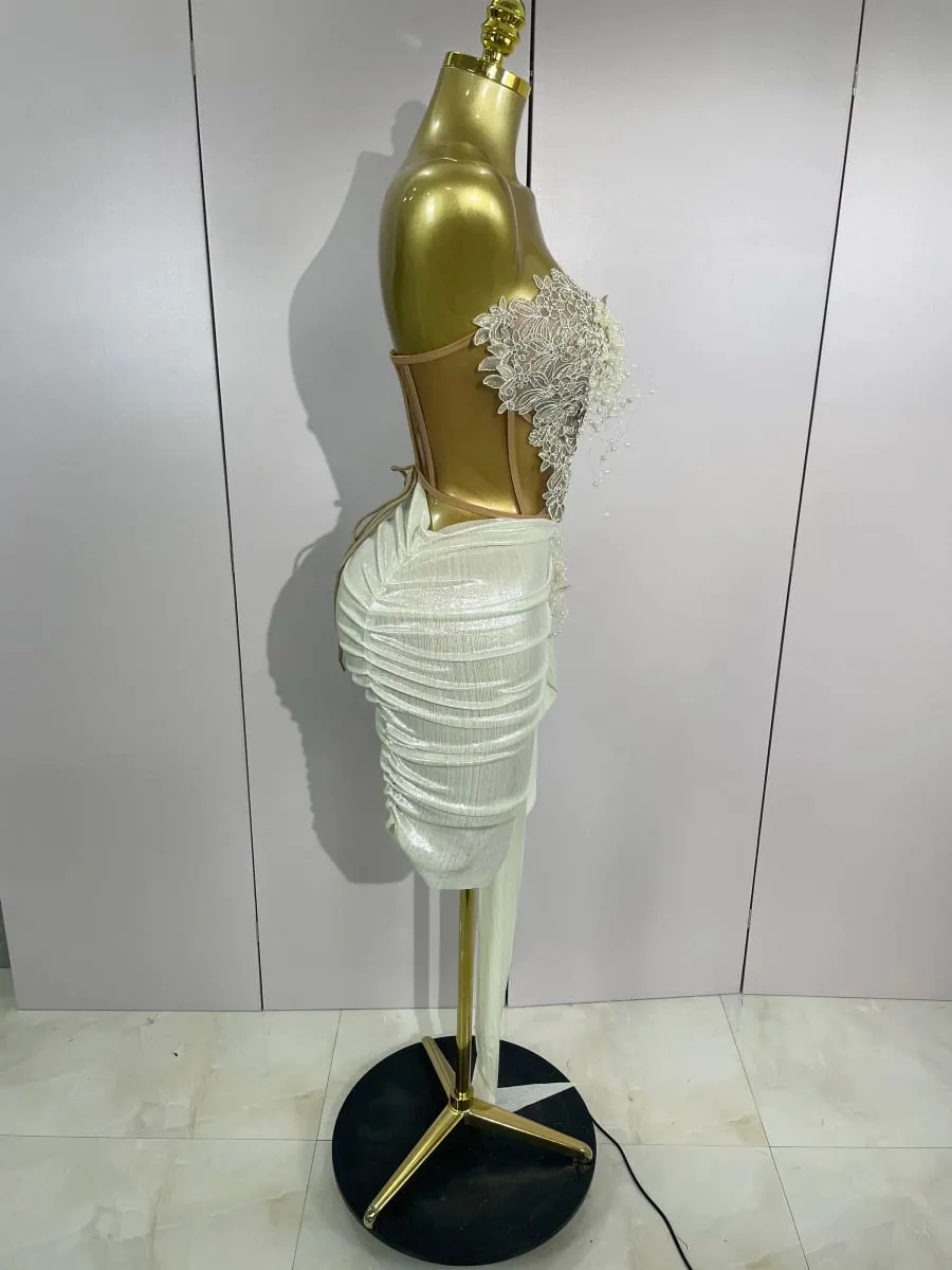 Luxe Shining Pearls Sexy Asymmetrische Rok 2 Stuks Set 2025 Vrouwen Avond Verjaardagsfeestje Podium Danser Prestaties Kostuum