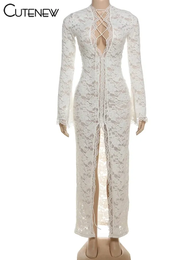 Cutenew dentelle pure femmes Robe Maxi Sexy solide mode à manches longues col rond pansement gaine robes femme superbe Robe de nuit