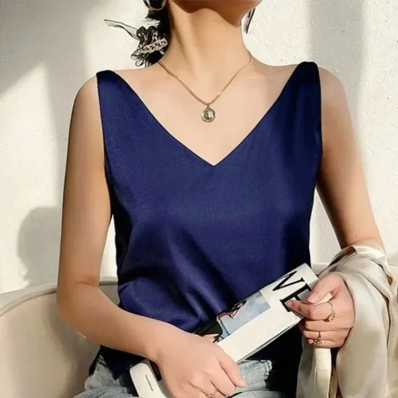 女性 Tシャツエレガントなシルクサテンブラウスノースリーブ女性の夏のカジュアルルーズタンクとキャミソール固体グリーントップス女性のための — image 5