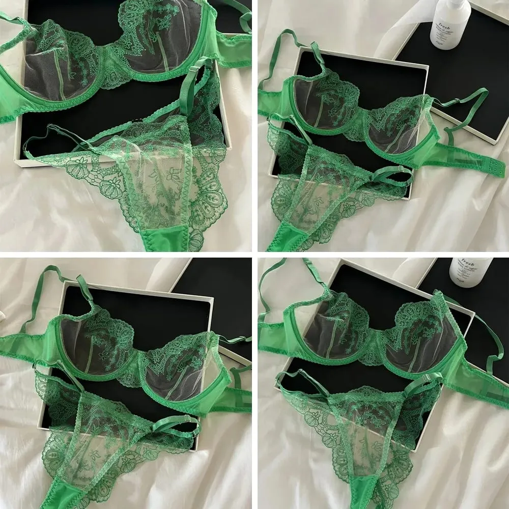 Sexy Lace Push Up Bra Set Transparent Triangle Cup & Romantic Green Lace Underwear for Women — image 1