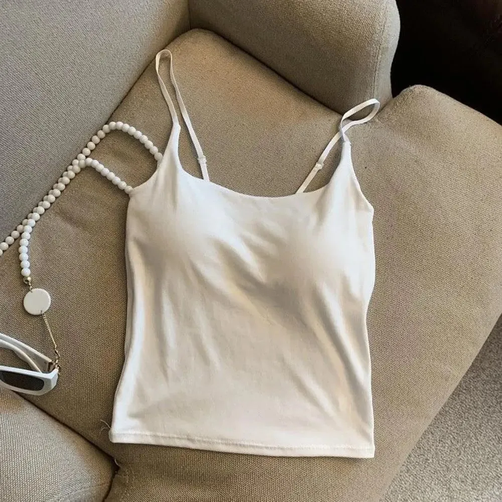 Basic Solid Camis Casual Sleeveless Spaghetti Strap Crop Top Square neck Tank tops With Built In Bra y2k Summer women Clothing — image 11