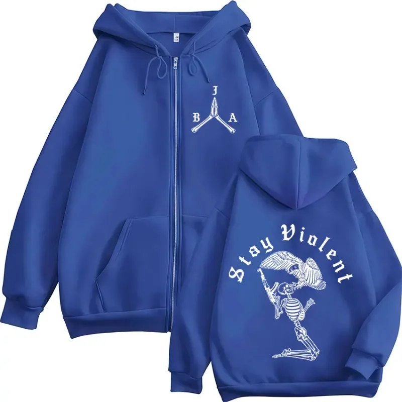 Stay Violent Brothers in Arms Skeleton Printed Zipper Hoodies Men Women Zip Up Hooded Sweatshirts Vintage Pullovers Jackets Coat