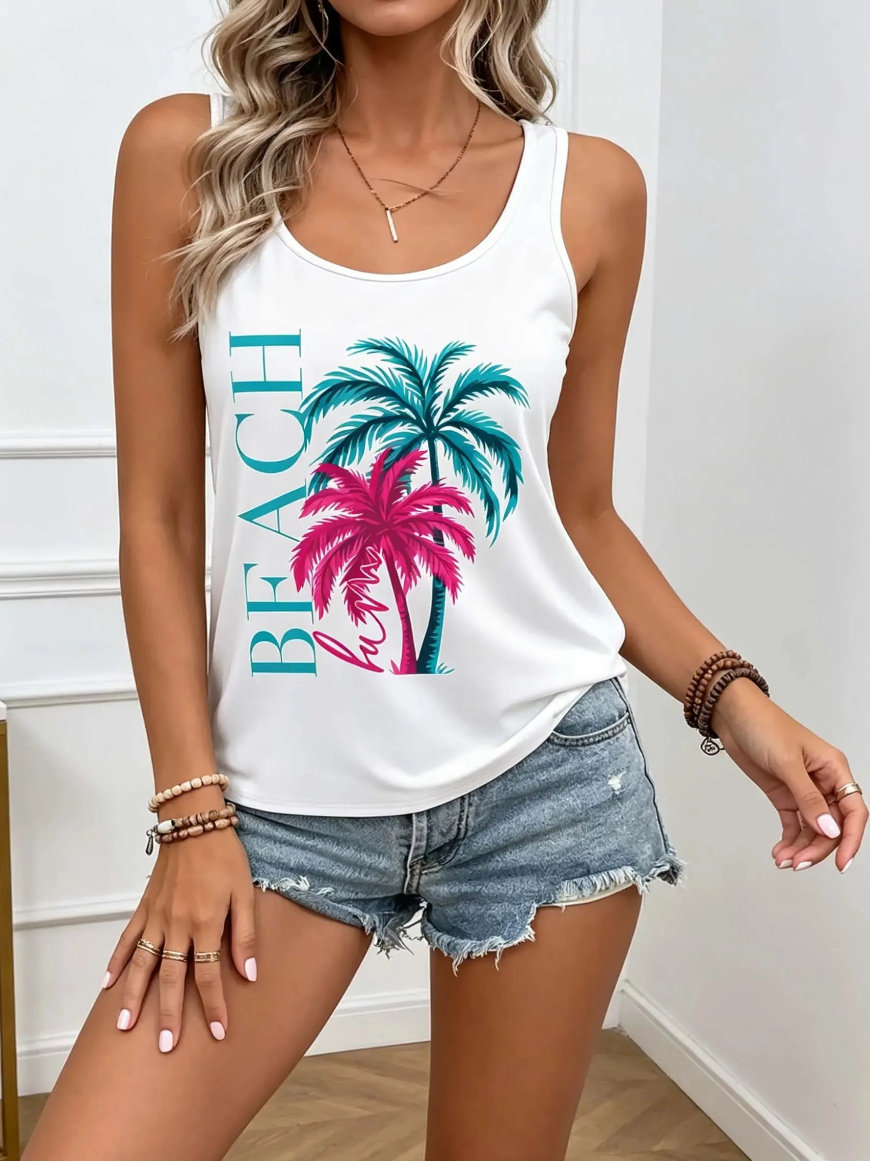 Women's Cool Summer Tops with Coconut Tree Prints Sleeveless Tops. Comfortable and Casual Beachwear for a Vacation Style.