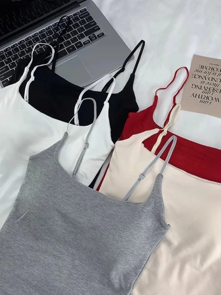2026 Women With Built In Bra Spaghetti Strap Tanks Summer Camis Tank Casual Tops For Woman Solid Color Female Korean Style
