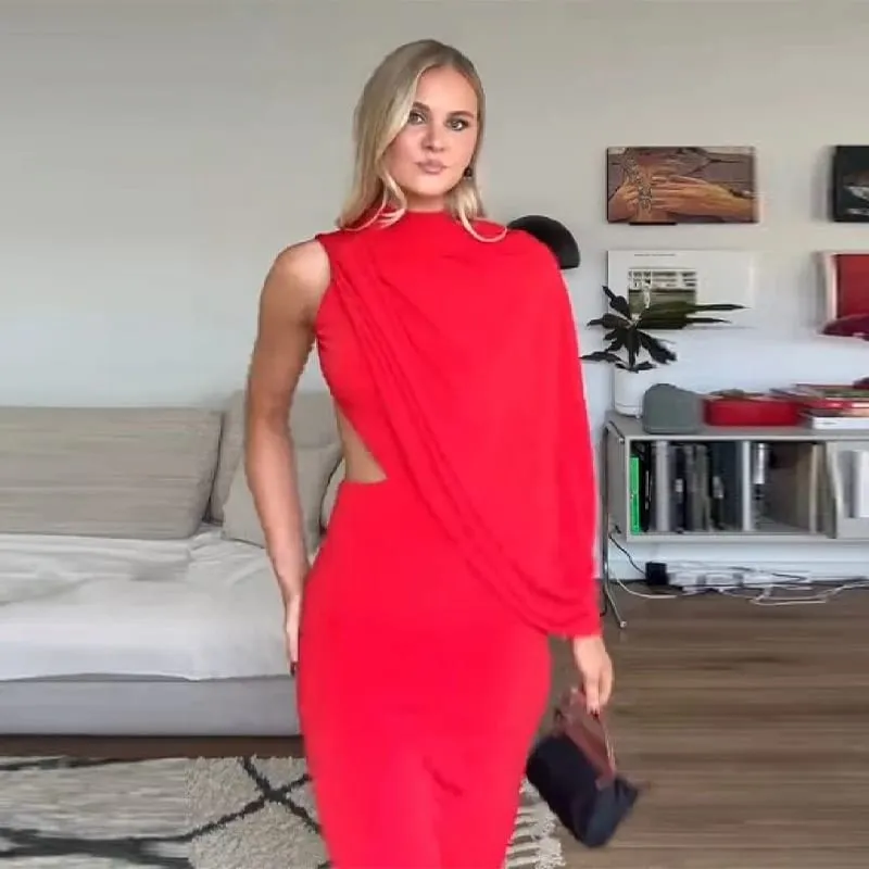 Gaun Maxi Tanpa Belakang Bertali Asimetri Merah Satu Bahu Potongan Leher Tinggi Gaun Malam Bodycon Untuk Pesta Rasmi Wanita