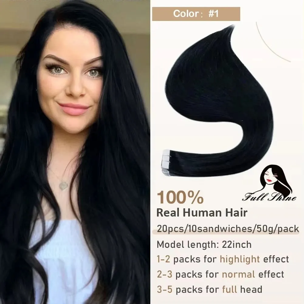Full Shine Tape hajhosszabbításhoz 20 db Skin Weft Remy Straight Hair Ragasztó brazil hajra nőknek — image 24