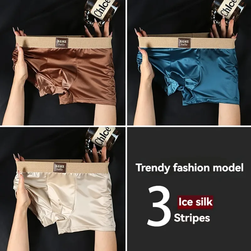 3PCS/Pack Luxury Ice Silk Satin-like Men's Panties Super Soft Boxer Homme Cool Breathable Comfortable Man Underwear Underpants