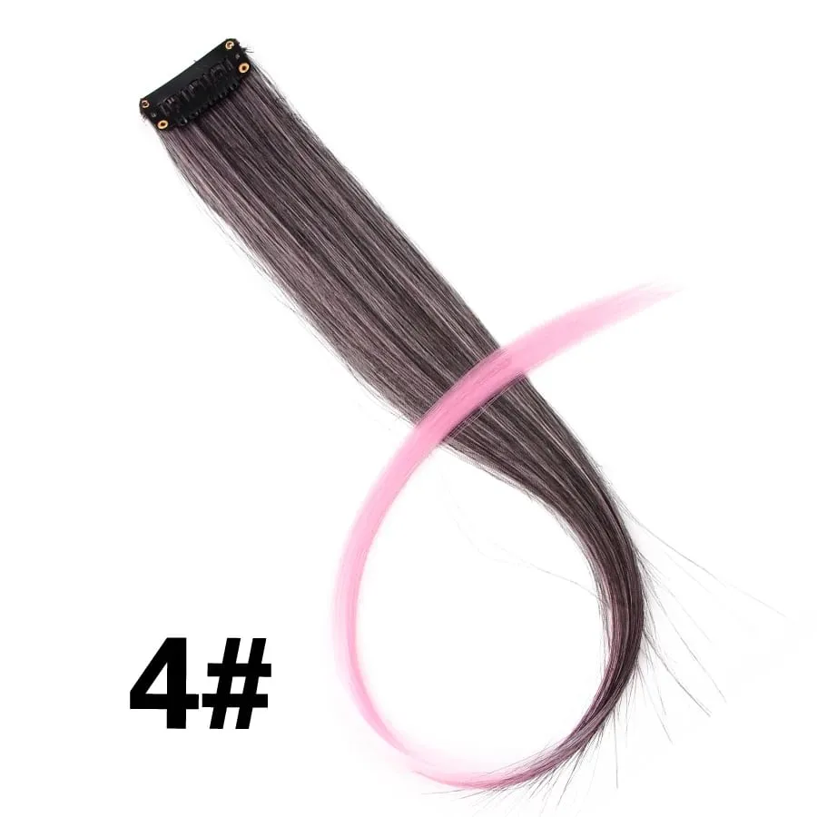 Lige farvet hårstykke Hair Extensions Clip In Highlight Regnbuehår Pink Blå Lilla Syntetisk på klips til kvinder piger — image 10