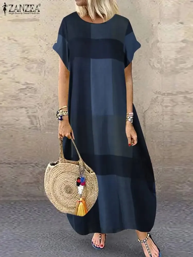 Boêmio xadrez verificado vestido de verão manga curta vestido longo moda férias festa femme casual solto robe 2025