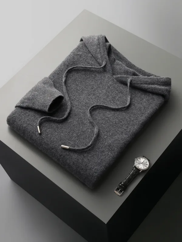 Men's 100% Merino Wool Sweater Hooded Collar Knitted Pullover Sweatshirt Autumn Winter Casual Large Tops Long Sleeved