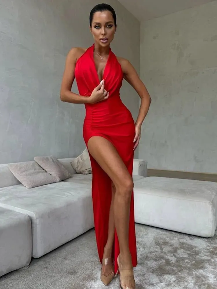 Ahagaga Fashion Sexy Women's Party Dresses Solid Swinging Collar High Split Sleeveless Maxi Slim Folds Blackless Vestidos Robes — image 5