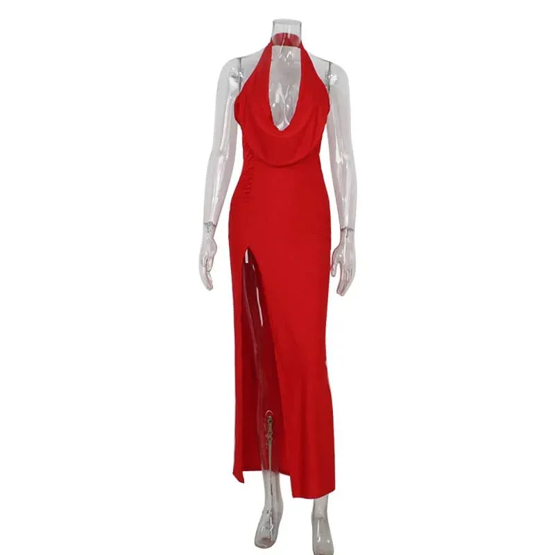 Ahagaga Fashion Sexy Women's Party Dresses Solid Swinging Collar High Split Sleeveless Maxi Slim Folds Blackless Vestidos Robes — image 7