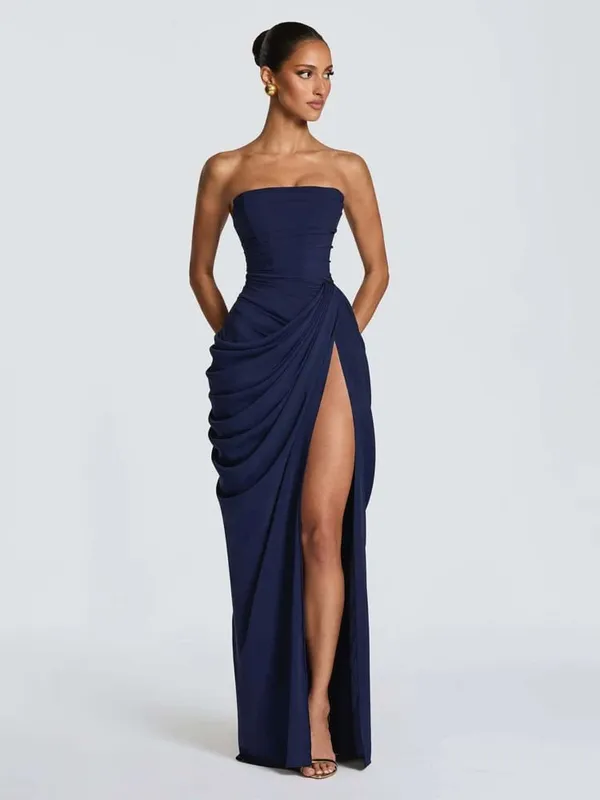 우아한 노란색 Strapless Pleated 롱 드레스 여성 세련된 솔리드 민소매 허리 Cinching 분할 가운 2026 레이디 이브닝 파티 가운