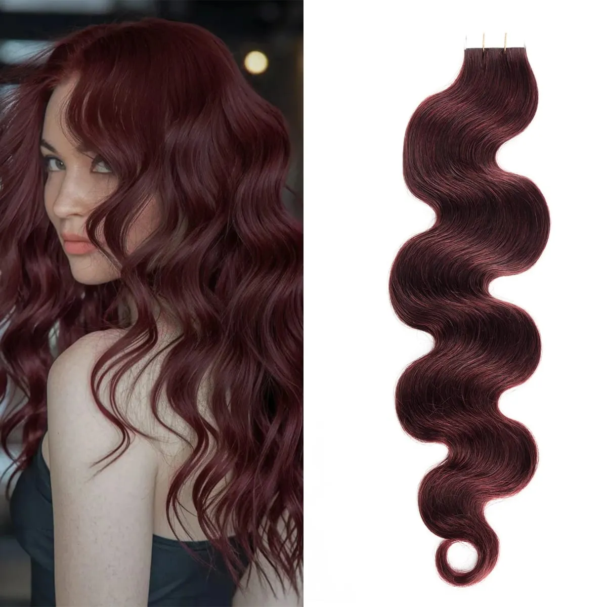 20pcs Seamless Remy Tape in Human Hair Extension #99J Dark Wine Body Wave PU Skin Weft Real Virgin Human Hair Tape ins Extension