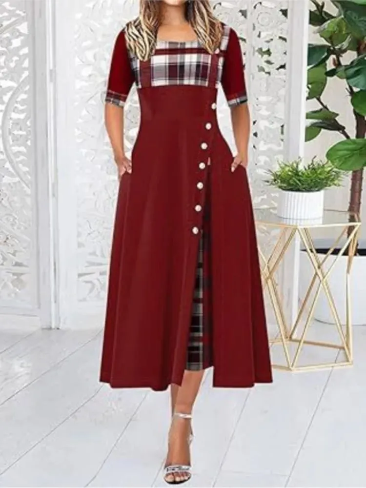 Robe longue en Patchwork de treillis irrégulier pour femmes, Vintage, boutons, col rond, demi-manches, décontractée, pour les déplacements, à la mode