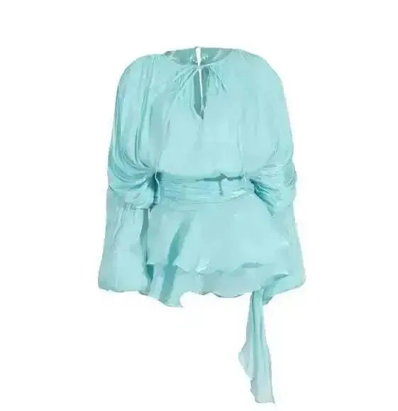 2026 Bagong Tag-init na Fashion Pambabaeng Damit Round Neck Lantern Sleeves Satin Short Dress Na May Shorts Sa ilalim ng Dalawang pirasong Set