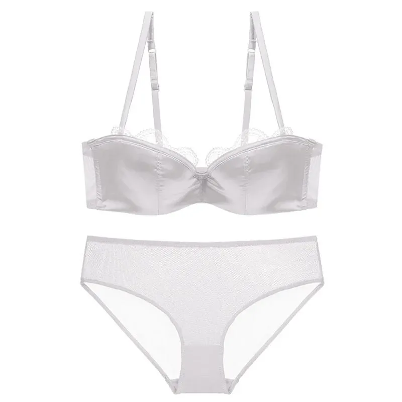 French Lace 1/2 Thin Cup Sexy Bra Set Women Seamless Underwear Push Up Brassiere Breathable Mesh Panties Sets Plus Size Lingerie