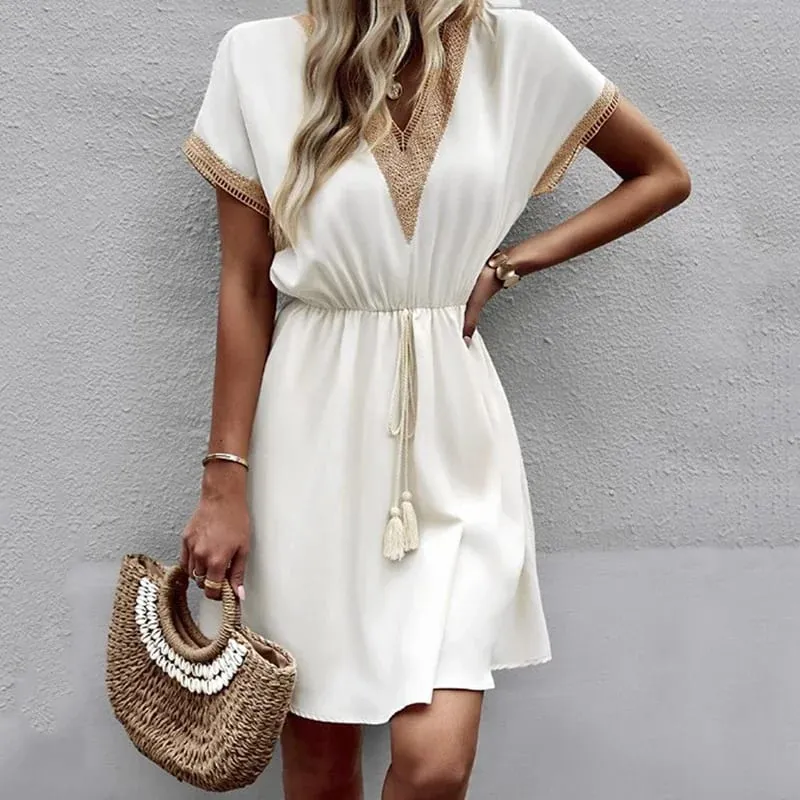 Summer Solid Short Sleeve Lace V Neck Waistband Female Beach Midi Short Dress Elegant Women's Sweet White Solid Color Dresses