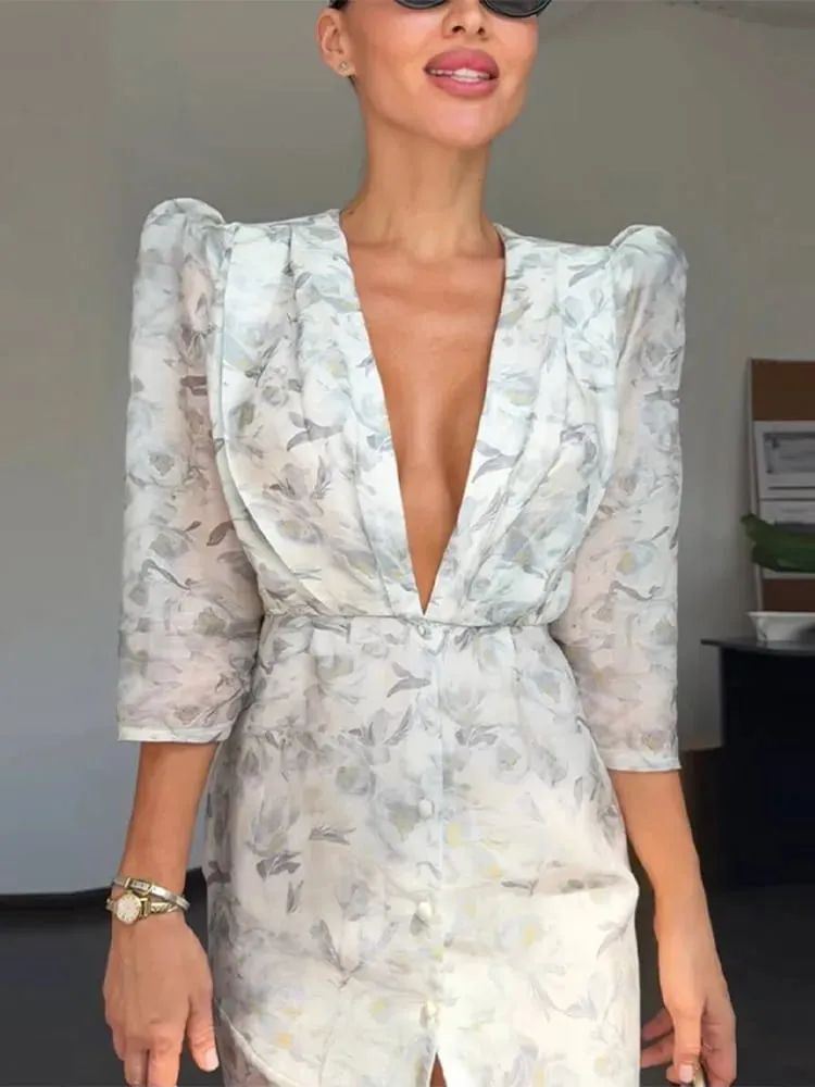 Robe imprimée élégante en Organza pour femmes, décolleté en v profond, demi-manches, taille cintrée, plissée, Robe de soirée, été, 2026