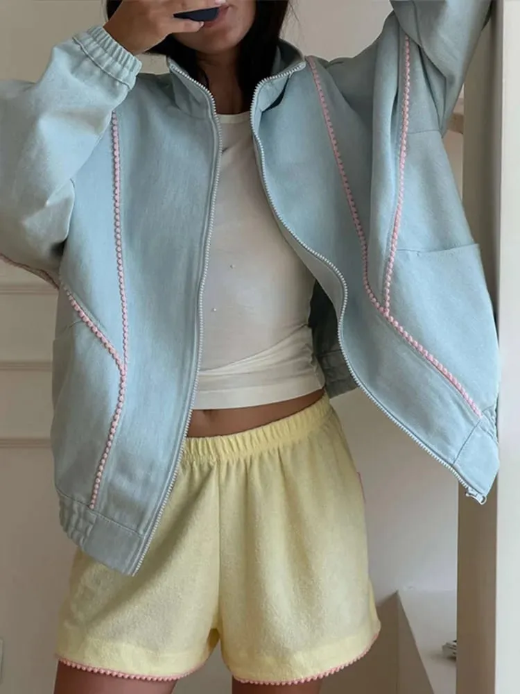 Polka Dot Cropped Windbreaker Jacket Contrast Pink Seam Piping Side Pockets Loose Outerwear 2026 Autumn Street Daily Lady Coat — image 3