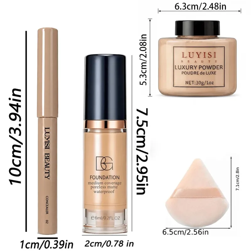 4pcs Facial Makeup Set:1PC Concealer Pen+1PC Foundation+1PC Loose Powder+1PC Puff Flawless Waterproof Long-Lasting Natural