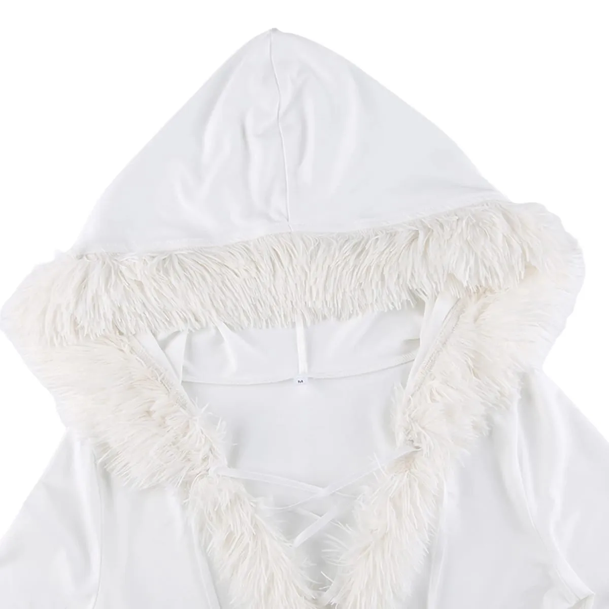 Women's Autumn Plush Trim Short Dress Long Sleeve V Neck Bandage Hooded Sweatshirt Dress Gothic Punk Clubwear