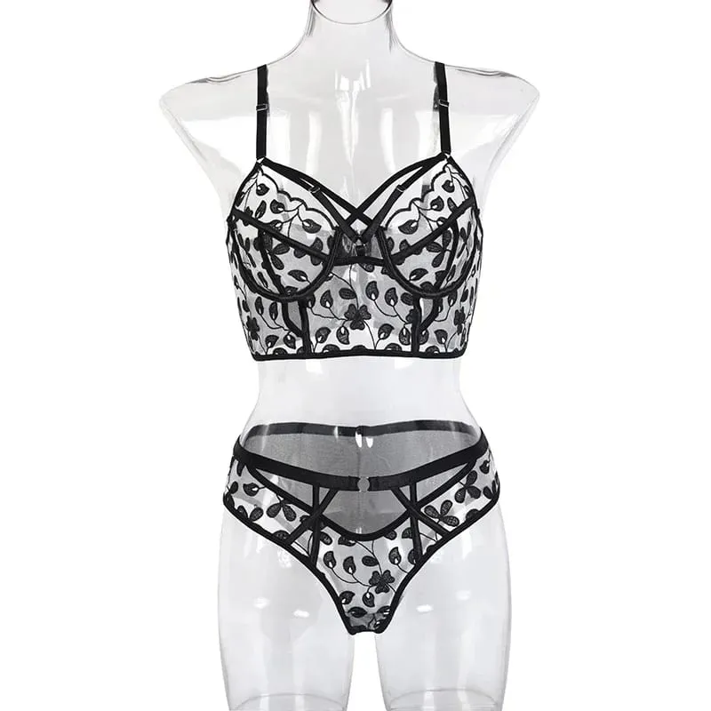 new Affordable Luxury Lingerie Tulle Embroidery Sexy Hollow Out Bra Panties Set Ladies Two Piece Set Luxury Sensual Female
