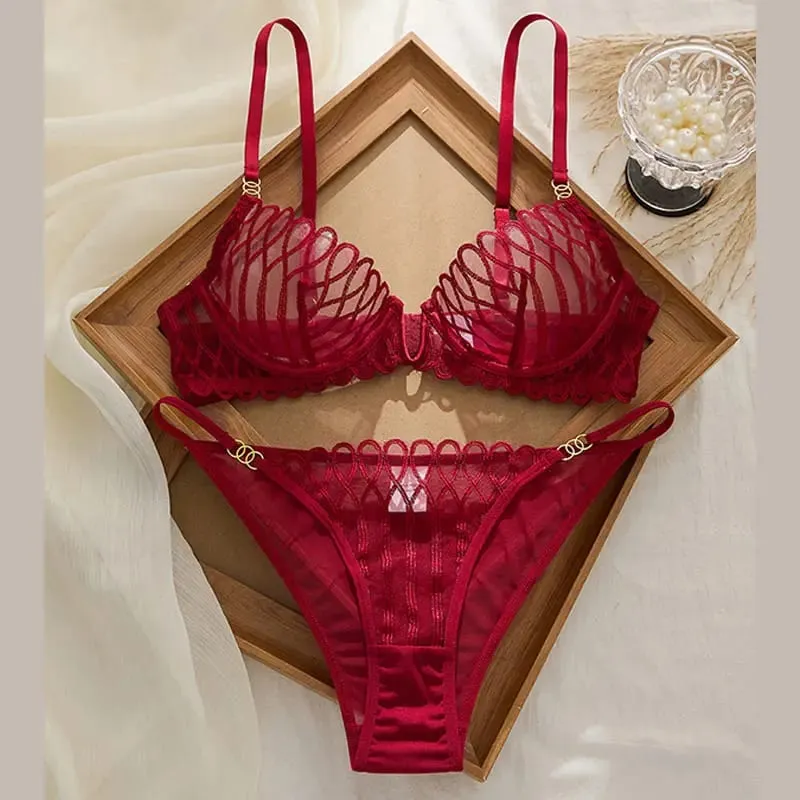 New Lace Transparent Lingerie Set Sexy Hot V Neck Anti Sagging Breathable Bra Panty Ensemble Fashion Daily Women Clothes Supply