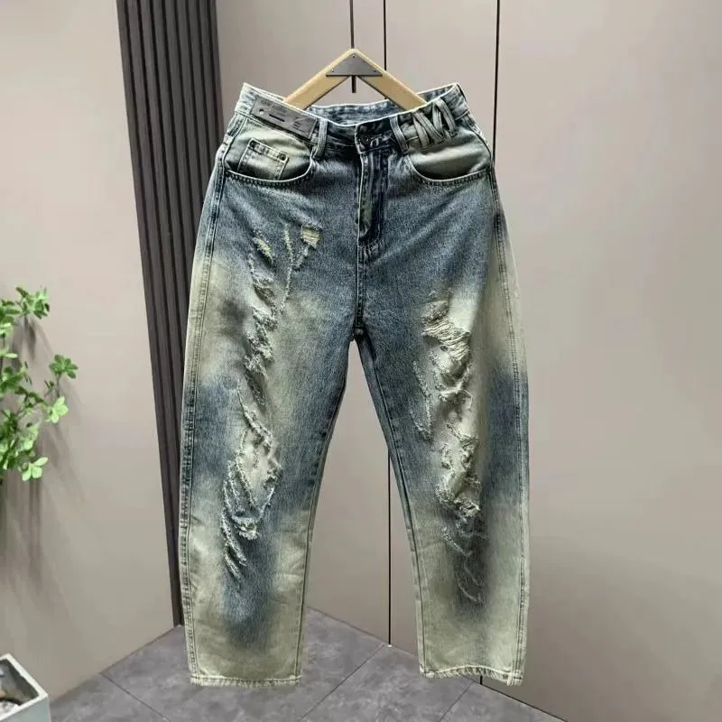 Men's Jeans Man Pants Classic Straight Fit Faded Ripped Jeans Denim Trouser Casual Loose Slim Stylish Street Retro Blue — image 3