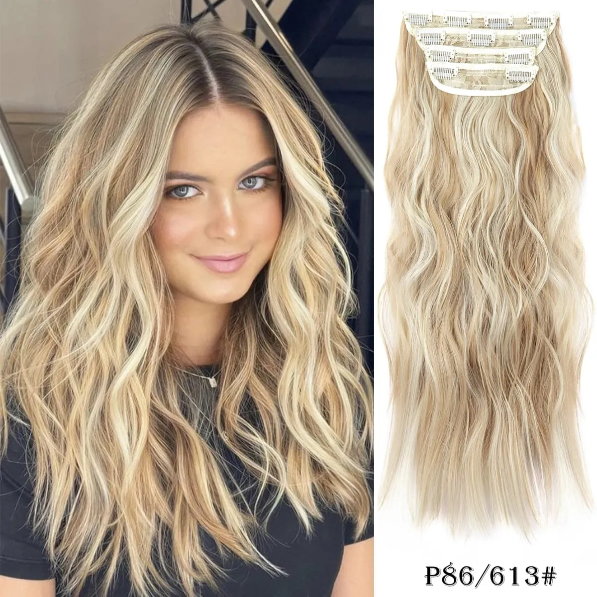 Leeons Wavy Clip In Hair Extensions 4 PCS Natural Soft Long Wavy Hairpieces Thick Double Weft Clip In Hair Extensions For Woman