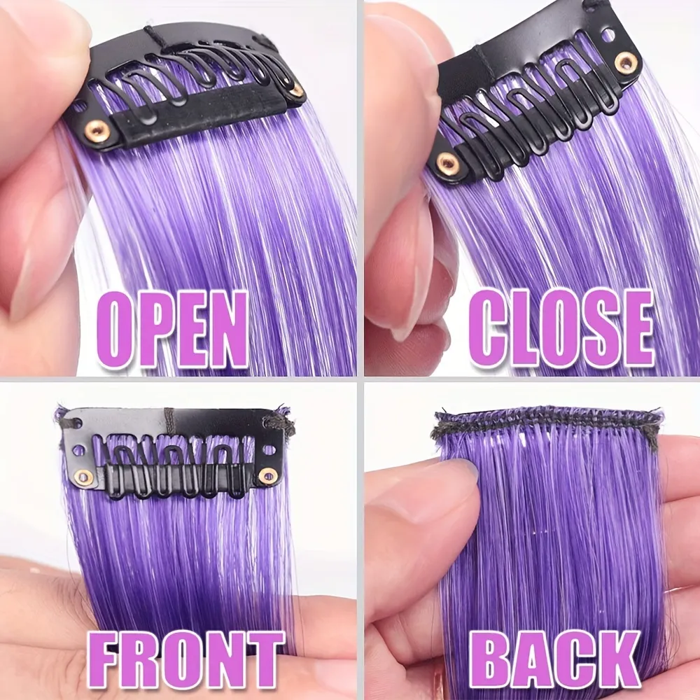 5pcs/set Colorful Clip In Synthetic Hair Extension Rainbow Long Straight Hairpieces For Women Girl Kids Y2K Style Daily Party
