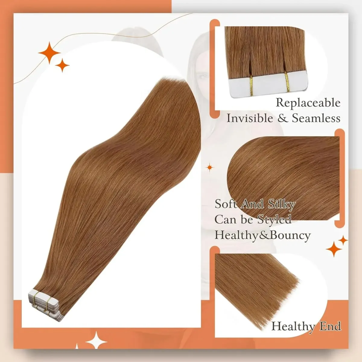 Full Shine Tape in Human Hair Extensions Invisible Straight Double Sided #330Copper Comfortable Silky Natural Tape ins For Women