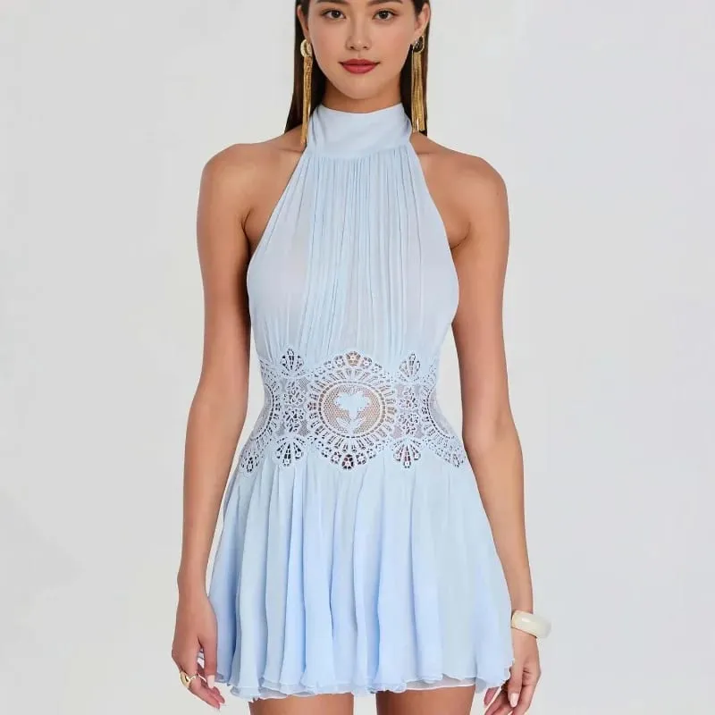 Sexet Hollow Out Solid Kvinder Min Kjole Strand Plisseret Snøring Rygløs Ærmeløse Kvinder Kjoler 2026 Summer Lady Robe Ny
