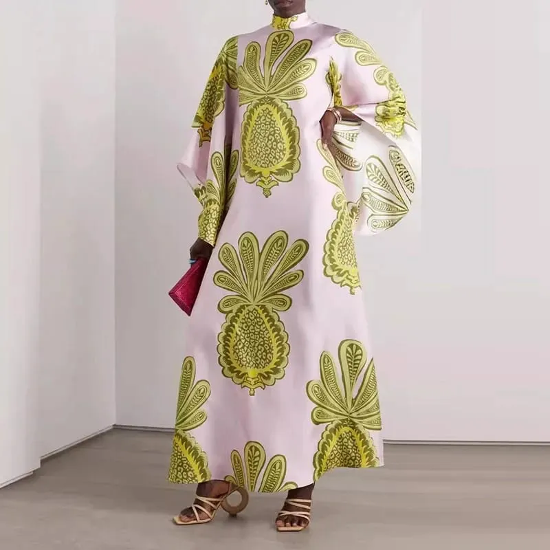 Ethnic ρετρό ανοιξιάτικο τύπωμα Boho μακρύ φόρεμα Γυναικείο σέξι όρθιο γιακά με κορδόνια φόρεμα φθινοπώρου μακρυμάνικο φαρδύ γυναικεία μάξι φορέματα