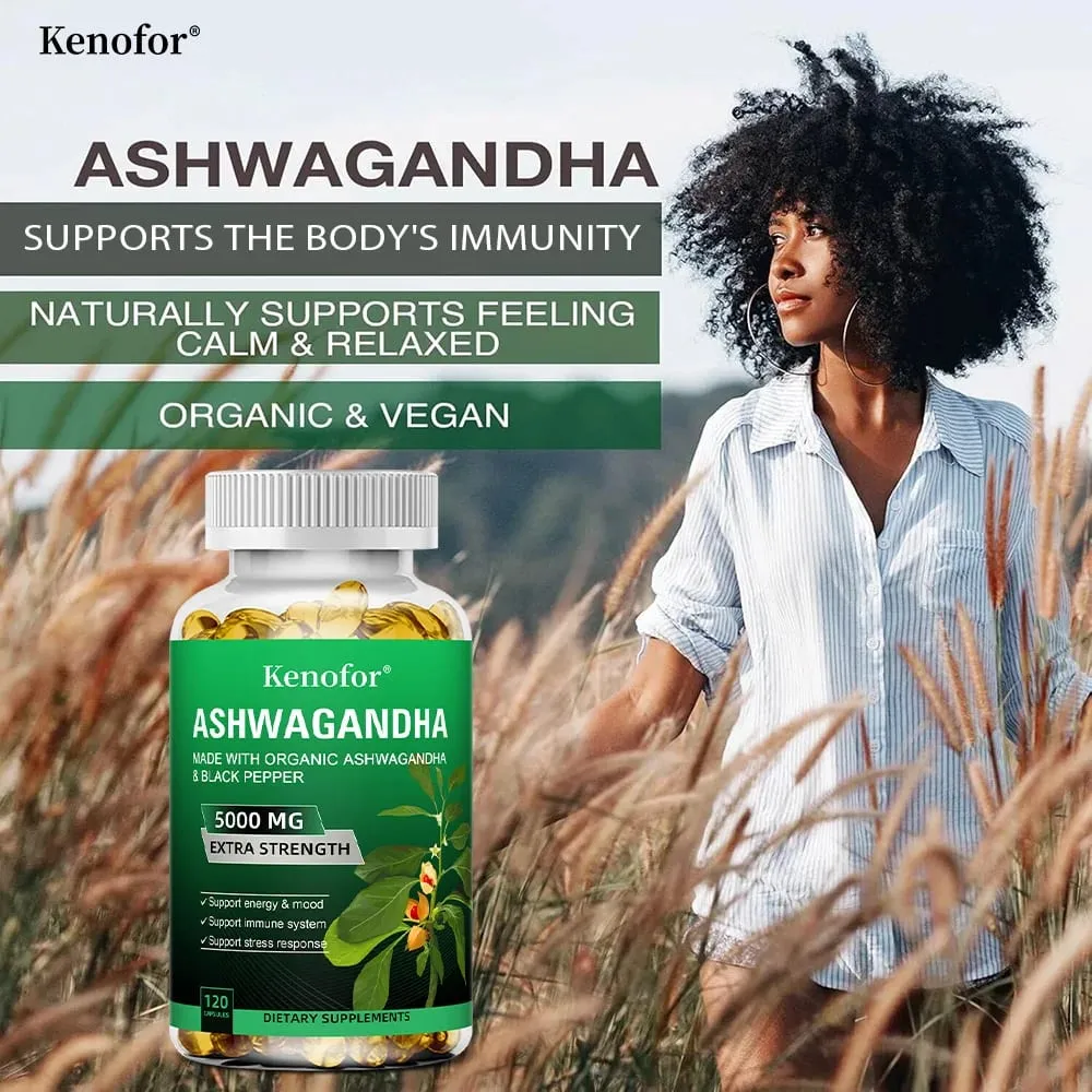 Pure Ashwagandha Root Extract Capsules 5000mg for Natural Mood Stress Focus Brain Energy Sleep Health