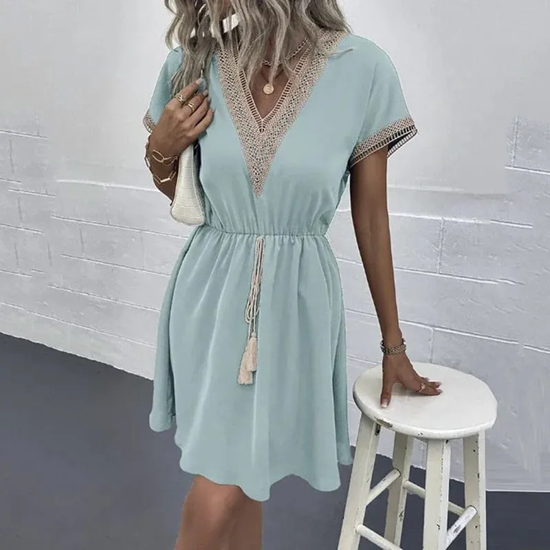 Summer Solid Short Sleeve Lace V Neck Waistband Female Beach Midi Short Dress Elegant Women's Sweet White Solid Color Dresses