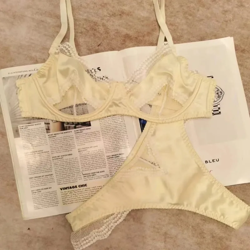 New Trendy Female Satin Lace Soft Underwire Bra Set Unpadded Ultra Thin Slimming Anti-sagging Comfort Daily Wear Underwear Set