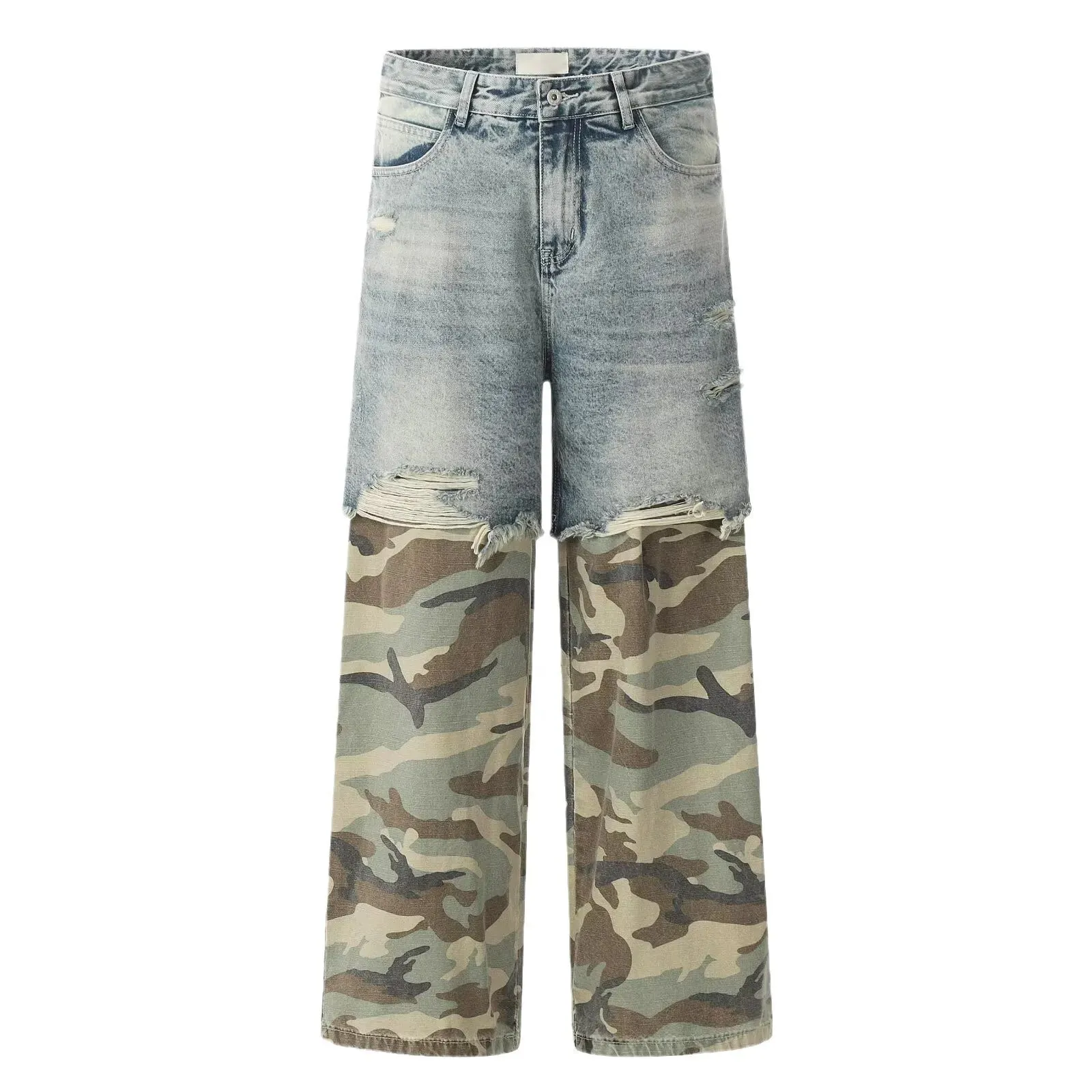 Street Patchwork Ripped Camouflage Jeans Baggy Fake Two-piece Washed Denim Trousers Vintage Y2K Camo Cargo Straight Jean Man
