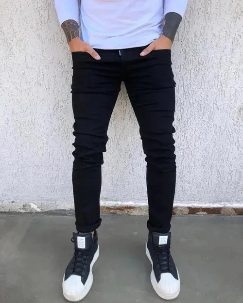 Spring Autumn New Black Stretch Men's Jeans Slim Small Feet Casual Simple Solid Color Male Skinny Denim Trousers Streetwear