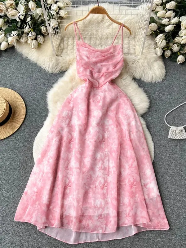 Wanita Floral Spaghetti Strap Dress Elastik Ruched Seksi Hollow Backless Party Dress Summer Boho Holiday Beach Sundress