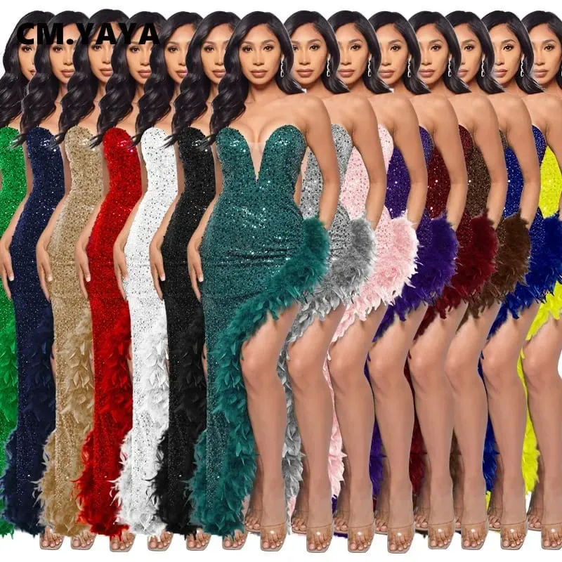 CM.YAYA Women Sequined Strapless Feather High Side Split Strapless Bodycon Midi Maxi Dress Sexy Club Even Party Dresses Vestidos