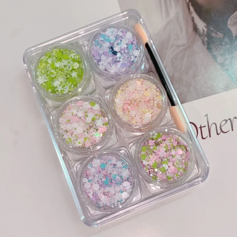 6Pcs/Set Sparkly Colorful Eye Glitter Gel Festival Glitter Face Hair Sequin Gel Cream Heart Star Moon Sequins