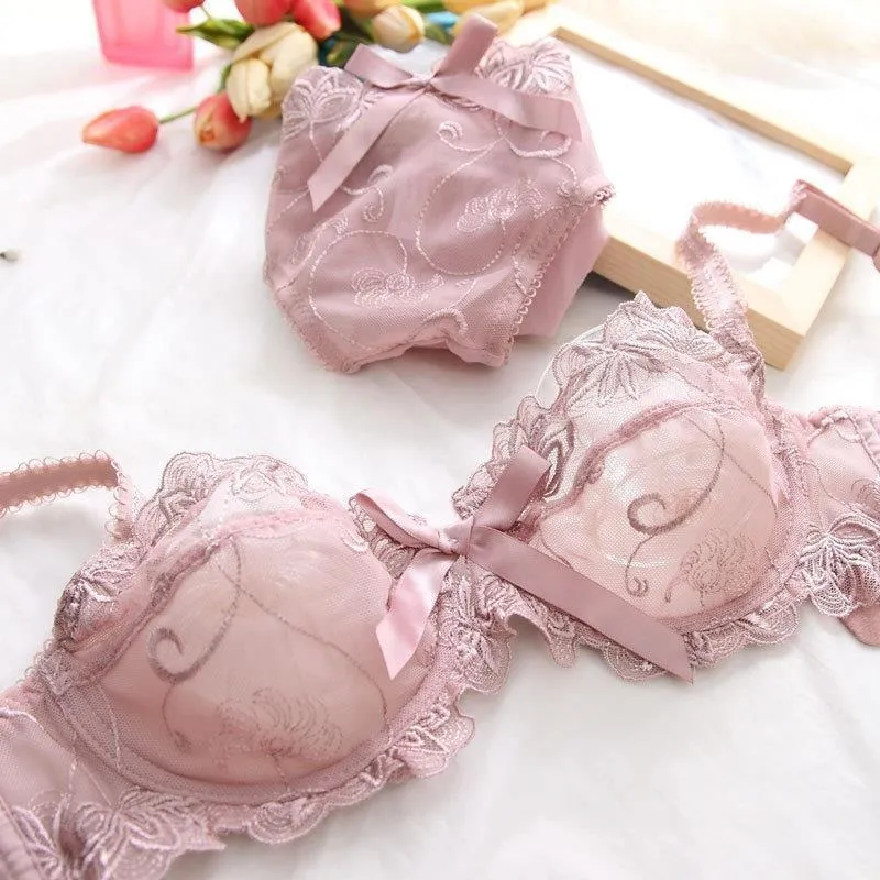 Sutiã e calcinha feminino bordado francês renda bralette sem fio triângulo copo sutiã elegante alças finas pequena capa de peito lingerie