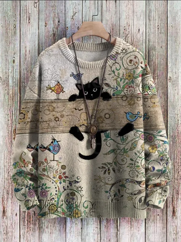 Cute Black Cat Flower Birds Art Pattern Print Casual Knit Pullover Sweater Classic Sweater Men's For Women's Pullover — image 2