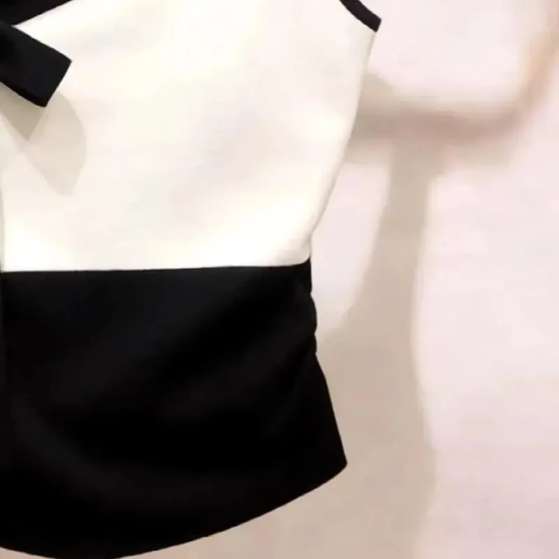 Summer New Contrast Bow Patchwork Off Shoulder Sexy Tanks Slim Sleeveless Elegant T Shirt Tops Temperament Trend Women Clothing