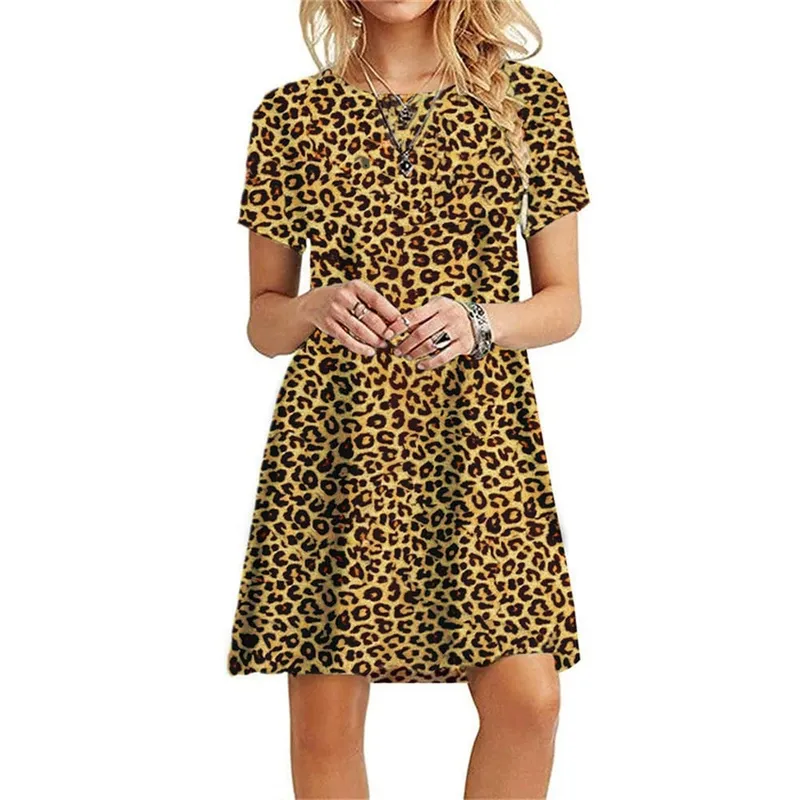 Leopard Pattern Women 3D Print Fashion Dresses Short Sleeve Summer Loose Casual Short Dress Streetwear Ladies Mini Dress