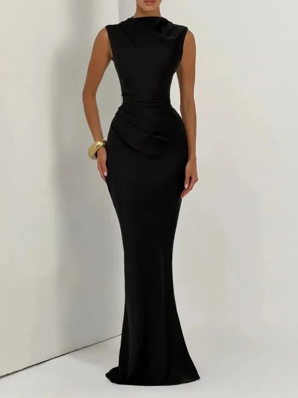 Women Fashion Solid Pleated Halter Dress Waist-cinching Sleeveless Backless Split Maxi Dresses 2026 Sexy Summer Lady Party Gowns