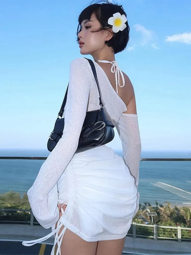 Women's Solid Skew Collar Ruched Straps Lace-Up See through Draw String Mini Dress Summer 2025 Party Clubwear
