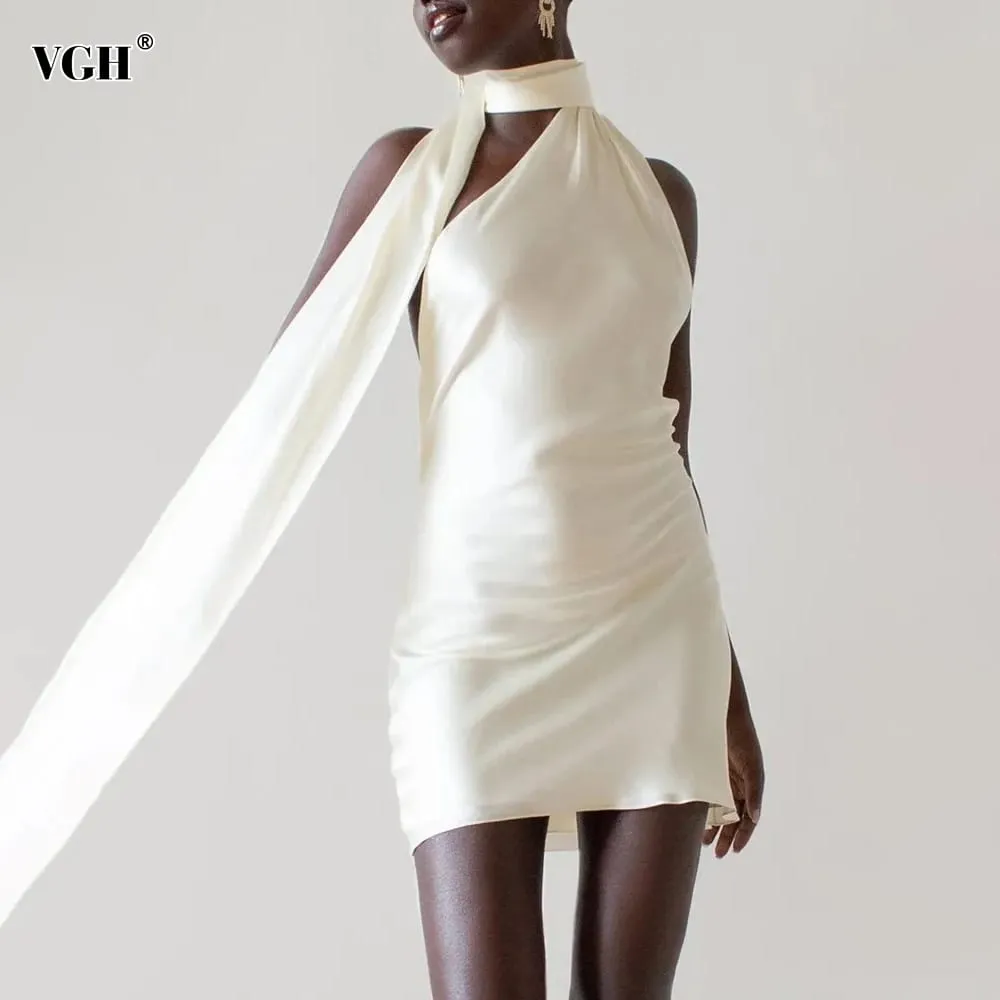 VGH Patchwork Resmi Elbiseler Kadınlar Için Halter Yaka Kapalı Omuz Kolsuz Yüksek Bel Backless Saten Mini Elbise Kadın Tarzı